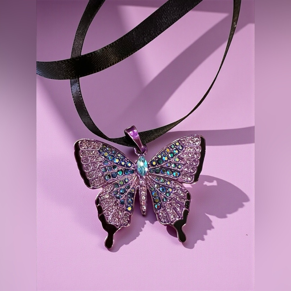 Purple Blue Pink Rhinestone Butterfly Pendant Necklace